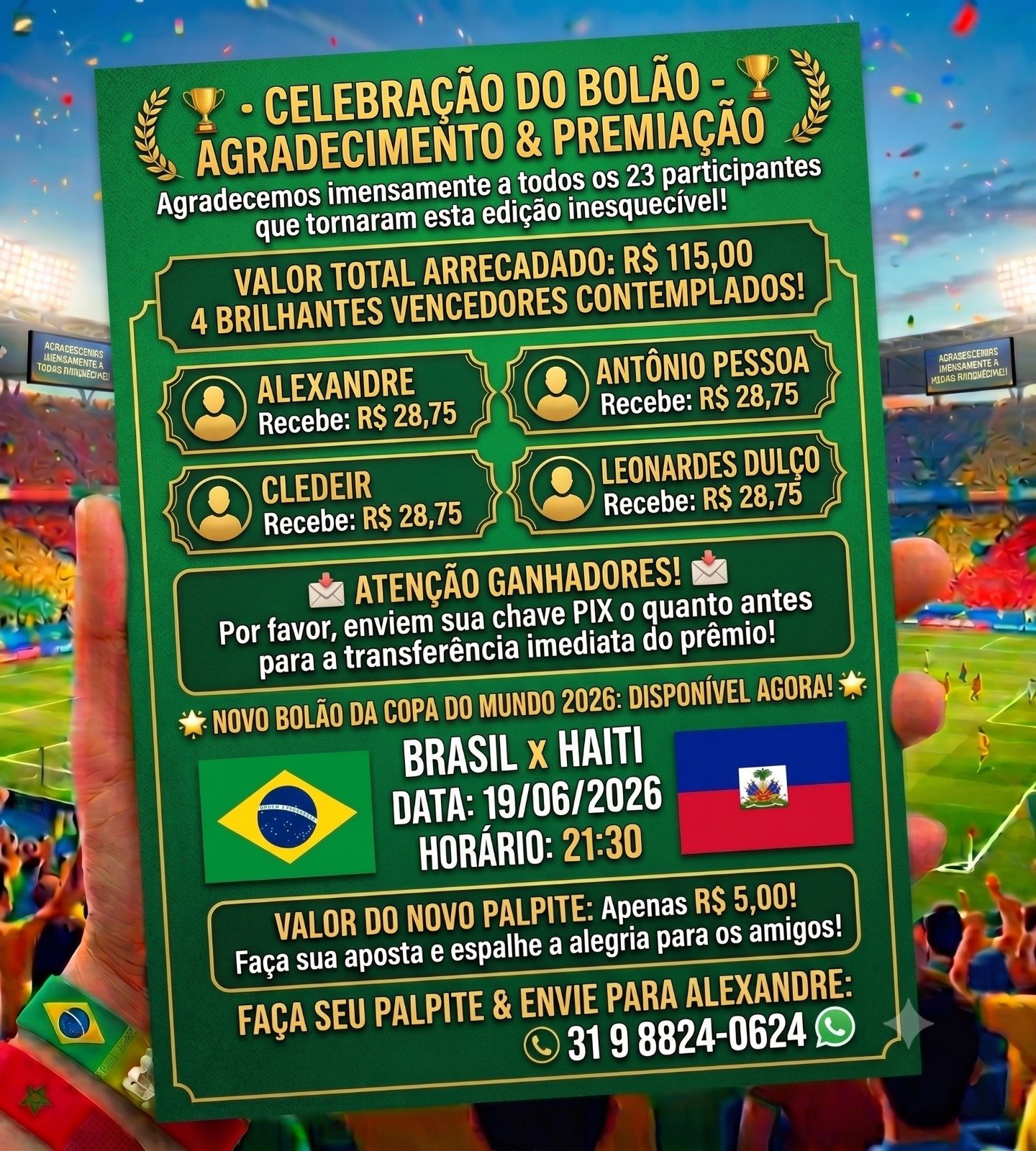 Campeão Bolão Brasil x Marrocos